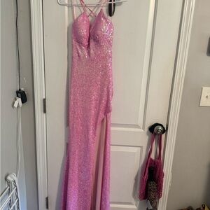 Sparkling Pink Sequin Prom Dress with Thigh Slit